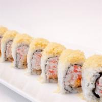 Crunch Roll · In: crab, ebi, cucumber and spicy sauce. Out: crunch.