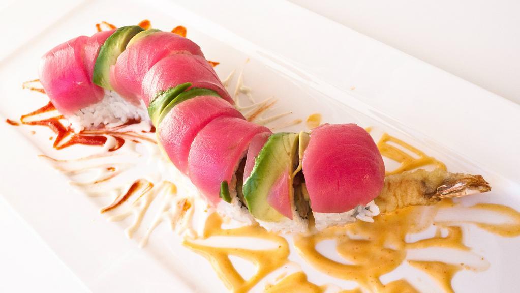 Red Dragon · In: shrimp tempura, spicy tuna, and cucumber. Out: tuna and avocado.