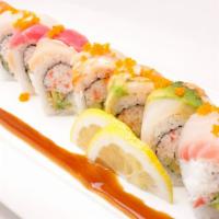 Rainbow Roll · In: California roll. Out: six types of fish, avocado and tobiko.