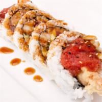 Ebi Fire Roll · Shrimp tempura, spicy tuna, avocado, and cucumber.