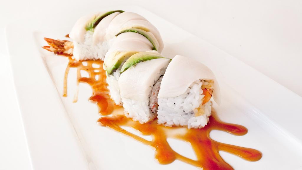 White Dragon · In: shrimp tempura, crab and cucumber. Out: ono and avocado.