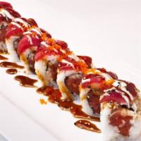 Climax Roll · In: spicy tuna and cucumber. Out: tuna and tobiko.