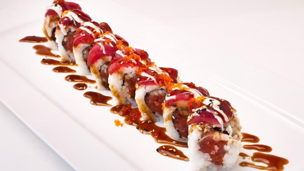 Climax Roll · In: spicy tuna and cucumber. Out: tuna and tobiko.