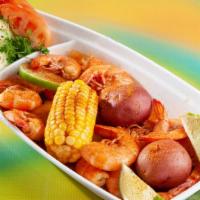 Camarones Botana · a Dozen Hot & Spicy Boiled Shrimp with corn & Potato
