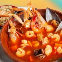 #41 Seafood Soup · fish, shrimp, octopus, oyster, crab, veggies served with rice and toast