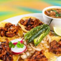 Street Tacos (5) · (Beef Fajita & Chicken Fajita) Mini Corn Tortilla Tacos with Charro Beans, Grilled Onions, a...