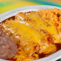 #2 Three Cheese Enchiladas · Served with Mexican rice and refried beans