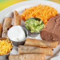 Chicken Flautas  · 6 Crispy Chicken Flautas with rice, beans, guac, sour cream, and cheese