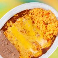 #1 Two Cheese Enchiladas · Served with rice and beans.