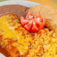 Guadalajara Ground Beef · 2 Ground beef enchiladas, 1 crispy taco (ground beef). Served with rice, and beans.