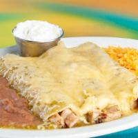 Enchiladas Verdes Con Crema (3) · 3 Green enchiladas with melted white cheese, and sour cream on the side. Served with rice an...