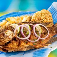 #27 Mojarra Frita · Whole Bone in Fried tilapia, served with rice, salad, and french fries Order with Your Favor...