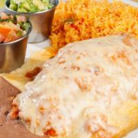 #16 Chile Relleno Ground Beef · Stuffed poblano pepper, covered in tomato sauce, and melted white cheese. Served with rice, ...