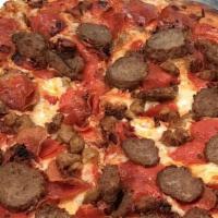 The Meats · Hand pinched sausage, pepperoni, bacon, ham and meatballs.