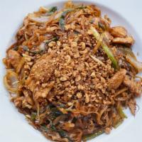Pad Thai · Gluten free. Fresh rice noodles, egg, bean sprouts, sweet onion, scallion, crushed peanuts, ...