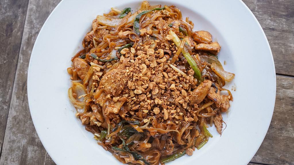 Pad Thai · Gluten free. Fresh rice noodles, egg, bean sprouts, sweet onion, scallion, crushed peanuts, cilantro, tamarind sauce.
