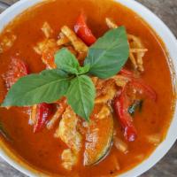 Red Curry · Gluten free. Bamboo strips, red bell pepper, zucchini, thai basil.