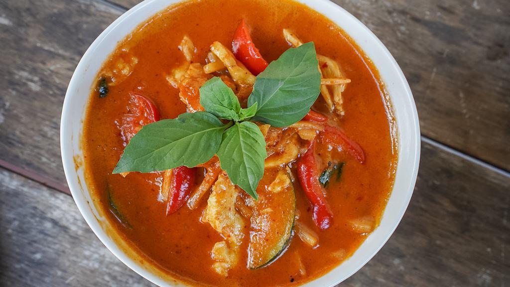 Red Curry · Gluten free. Bamboo strips, red bell pepper, zucchini, thai basil.