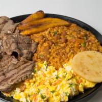 Calentado  · Mixed rice and beans with beef, pork, or chicken and cornpatty.