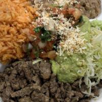 Meat Plate · Your choice of carne asada, polio asado, or al pastor. Rice, beans, garnished with lettuce, ...