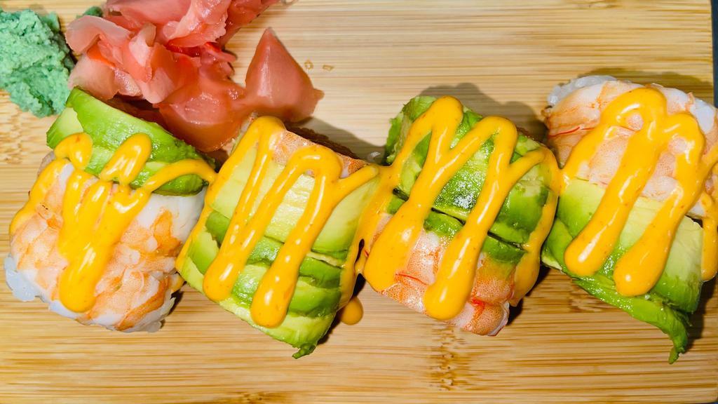 * Sakura Roll (8 Pcs) · Inside : Spicy tuna, tempura crunch. Outside : Sushi shrimp, avocado. Spicy mayo on the top.