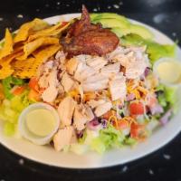 Ranchero Salad · Romaine lettuce, pulled chicken, corn, tomato, onions, black beans, mixed cheese, crunchy to...