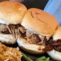 Triple Play Sliders · Three sliders - pulled pork, pulled chicken and chopped beef. With a choice of two sides.