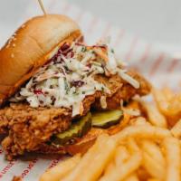 Exp Fried Jalapeno Chicken Sandwich · Buttermilk jalapeno soaked chicken thigh,  bread & butter pickle, rustic ranch slaw,  smoked...