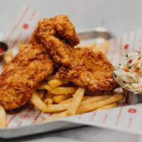 Exp Chicken Tenders · Three breaded-to-order tenders, French fries, coleslaw, choice of dipping sauce