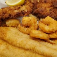 Combo- Pick  3  Shrimp-Chicken-Fish- Crawfish Tails · Fried or Grilled Chicken, Fish, Shrimp or Fried Crawfish Tails