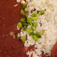 Red Beans & Rice W/ Andouille · Creamy Light Red Kidney Beans in onions, celery, oregano and thyme.  Served over rice with A...