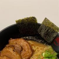 Miso Ramen · Miso paste and chicken broth, served with pork chashu, corn, scallions, bean sprouts, seawee...