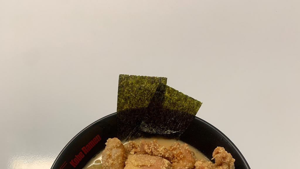 Kara-Age Ramen · Japanese fried chicken, green onion, bean sprout, black mushroom & egg in chicken base broth.