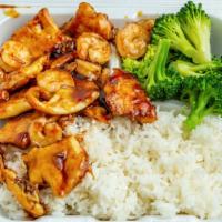 Teriyaki Chicken & Shrimp · Served steamed broccoli and white rice.
