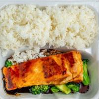 Teriyaki Salmon · Served steamed broccoli and white rice.