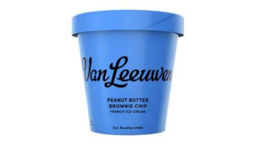 Van Leeuwen Peanut Butter Brownie Chip (14 Oz) · Nothing makes us happier than this Peanut Butter Brownie Chip Ice Cream. To our peanut butter ice cream, we add chunks of chewy brownies. Then single-origin, dark chocolate chips. Then swirls of peanut butter. Then we see if anyone is looking and we sample said Peanut Butter Brownie Chip Ice Cream…you know, for quality control and whatnot.