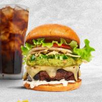 Shout For Guac Bacon Burger · Angus beef patty (1/4 lb.) topped with mayo, tomato, lettuce, melted Jack cheese, crispy bac...