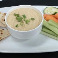 Roasted Garlic Hummus · Served with grilled pita bread and assorted vegetables
