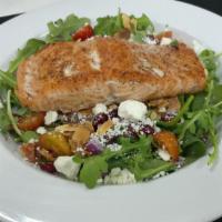 Salmon And Spinach · Spinach and arugula blend, bacon, dried cranberries, slivered almonds, red onion, heirloom t...