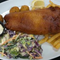 Fish And Chips · Cod filets in our special Tank 7 beer batter, fried, slaw, jalapeno hush puppies, malt vineg...