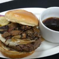 French Onion Shroom Melt · Sauteed mushrooms, caramelized onions, provolone, garlic black pepper aioli. Served with a s...