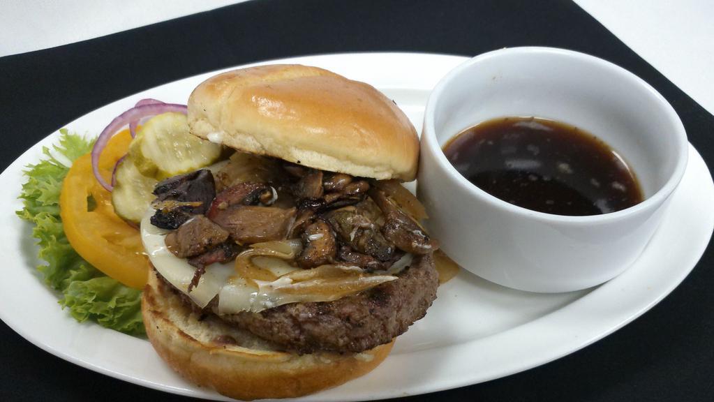 French Onion Shroom Melt · Sauteed mushrooms, caramelized onions, provolone, garlic black pepper aioli. Served with a side of Au Jus.
Take off the mushrooms, put it on rye bread and enjoy as a patty melt!