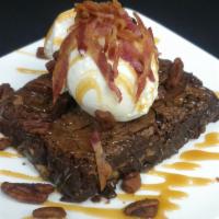 Bacon Pecan Brownie · Warm Ghirardelli triple chocolate brownie with candied bacon and pecans baked in. Topped wit...