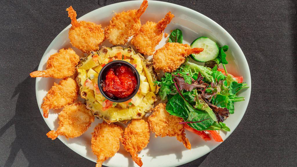 Camarones Tropical · Breaded shrimp with  pineapple slices and pico de gallo, served with rice.