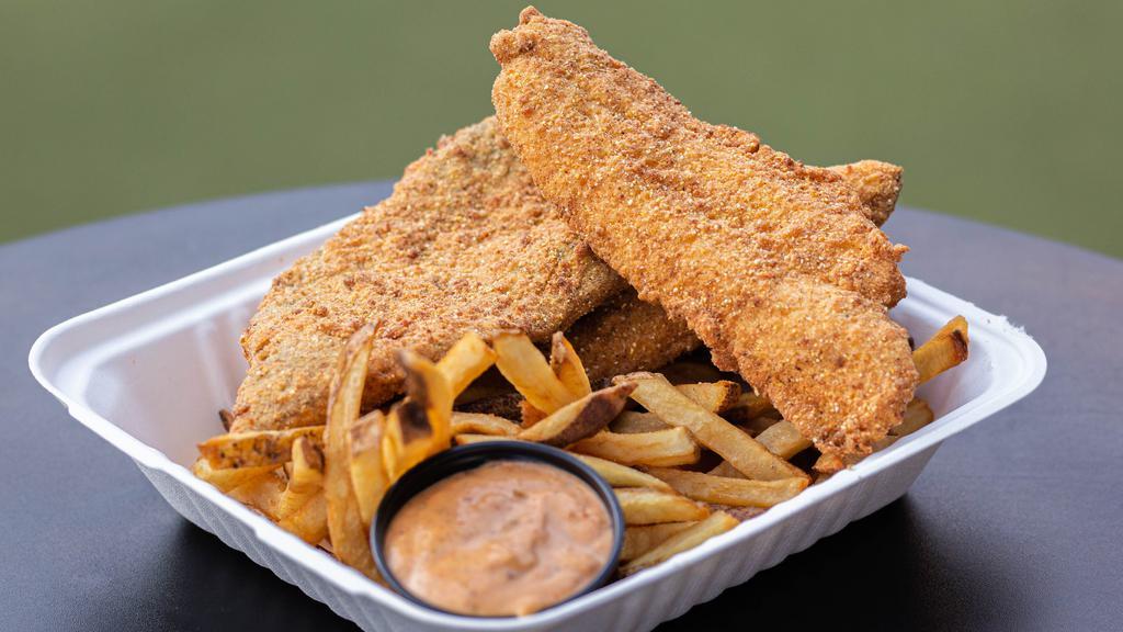 Fish & Chips · Cornmeal fried rainbow trout served with hand cut fries and chipotle remoulade.