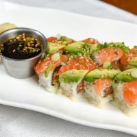 Double Salmon Roll · In: spicy crunchy salmon
Out: salmon, avocado, topped with scallion and sesame and special s...