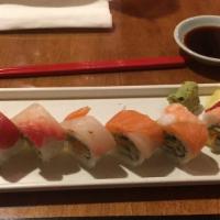 Rainbow Roll · In: tempura crunchy, spicy sauce, avocado
Out: tuna, flounder, salmon, and shrimp
