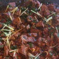 Goat Karahi · Most popular. Small pieces of goat meat cooked in olive oil with special shineys spices.