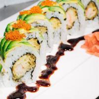 Green Dragon · Shrimp Tempura Roll with freshly sliced avocado and eel sauce on top.

460 cal.