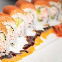 Volcano · California roll with spicy tuna and spicy mayo and eel sauce on top


480 cal.